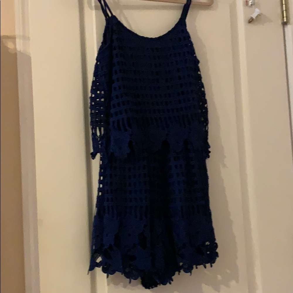 Blue Waffle Weave Lace Romper